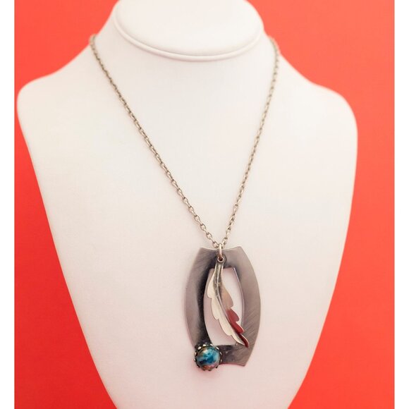 Vintage Medieval Rectangular-Feather-Galaxy Stone Necklace 26 inches F18 - Picture 3 of 4